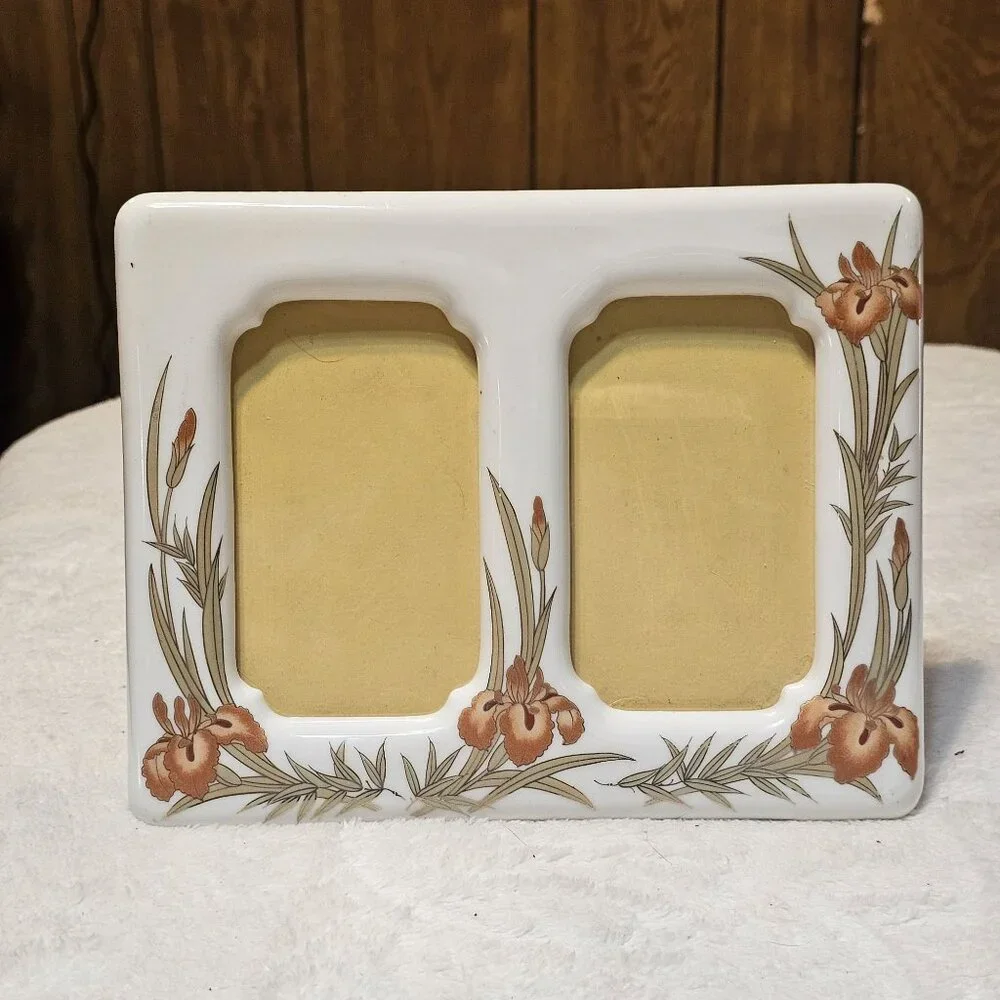 Vtg Picture Frame Porcelain Orchid Orange Floral Metallic Copper Accents Japan